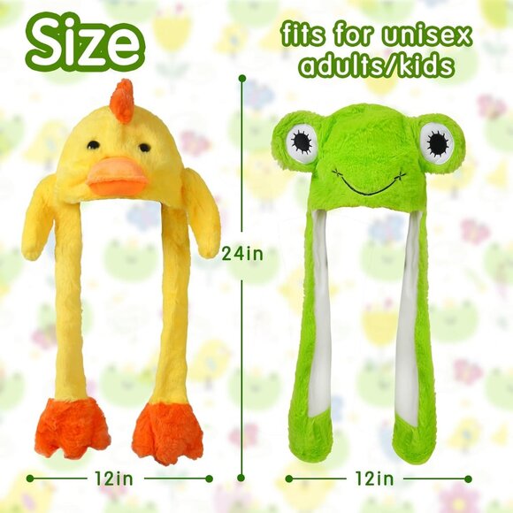 2 Pack Animal Hats Frog & Duck Plush Moving Ears Unisex for Halloween Cosplay - Picture 2 of 7